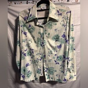 VINTAGE Sears Permaprest Floral Button Down Shirt - Cream, Green, Purple